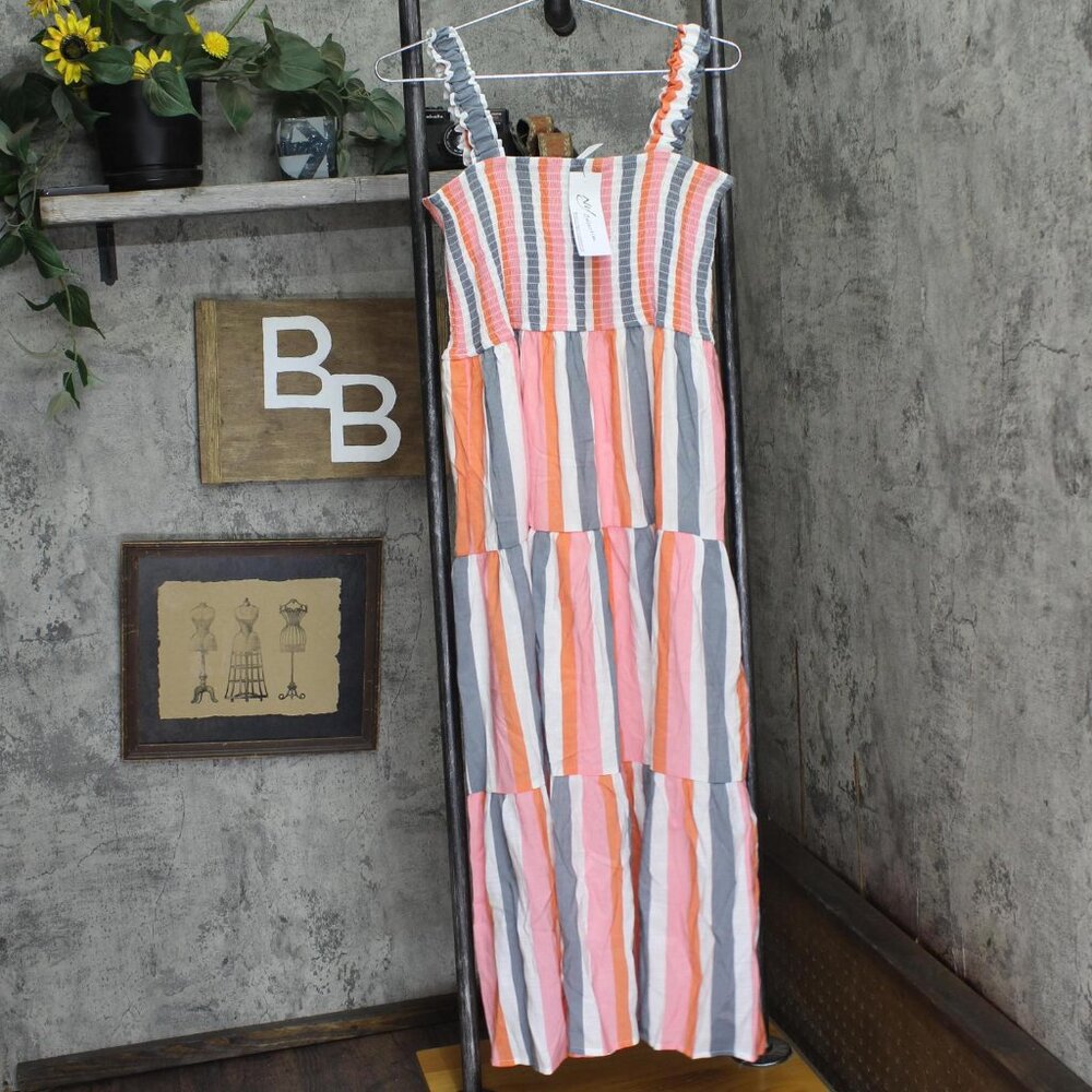 NWT Ny Collection Tiered Dress with Smocked Bodice Peach Pink Stripe Multi PXL - Picture 2 of 6